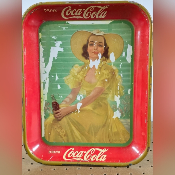 1938 COCA COLA Original LITHO COKE Serving Tray 'LADY IN YELLOW DRESS' Authentic - Picture 1 of 3
